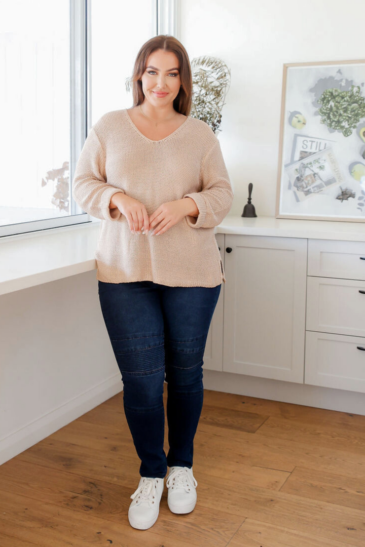 Ladies Pull On Jeans - Dark Denim - Panel Jeans - Tummy Flattening Waistband - Funcional Back Pockets - Sizes 6 - 18 - Delilah Denim Jeans Front Full Length View Size 14 Paired With Millie Mocha Knit - Daisy's Closet
