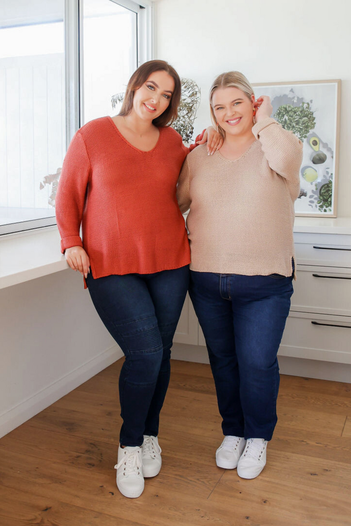 Ladies Pull On Jeans - Dark Denim - Panel Jeans - Tummy Flattening Waistband - Funcional Back Pockets - Sizes 6 - 18 - Delilah Denim Jeans - Front Full Length View Paired With Millie Mocha Knit Daisy's Closet