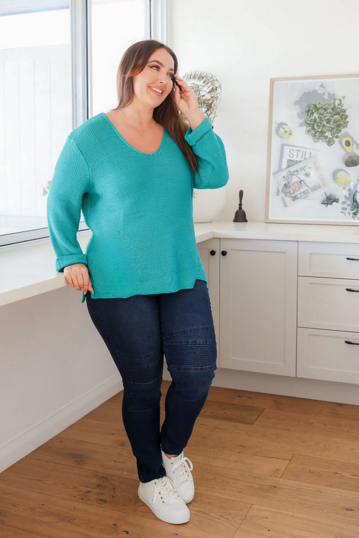 Ladies Pull On Jeans - Dark Denim - Stretch Jeans - Panel Jeans - Sizes 6 - 26 - Delilah Denim Jeans Front Full Length View Paired with Millie Knit Turquoise - Daisy's Closet