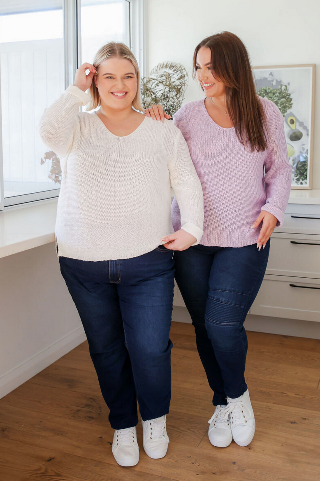 Ladies Pull On Jeans - Dark Denim - Stretch Jeans - Panel Jeans - Sizes 6 - 26 - Delilah Denim JeansFront Full Length View Size 14 Paired with Millie Knit Lilac - Daisy's Closet