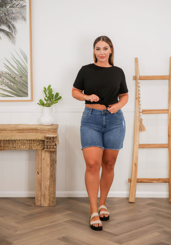 Ladies Dark Denim Shorts - Bike Shorts - Frayed Hemline - Pockets - Danica Shorts - Daisy's Closet