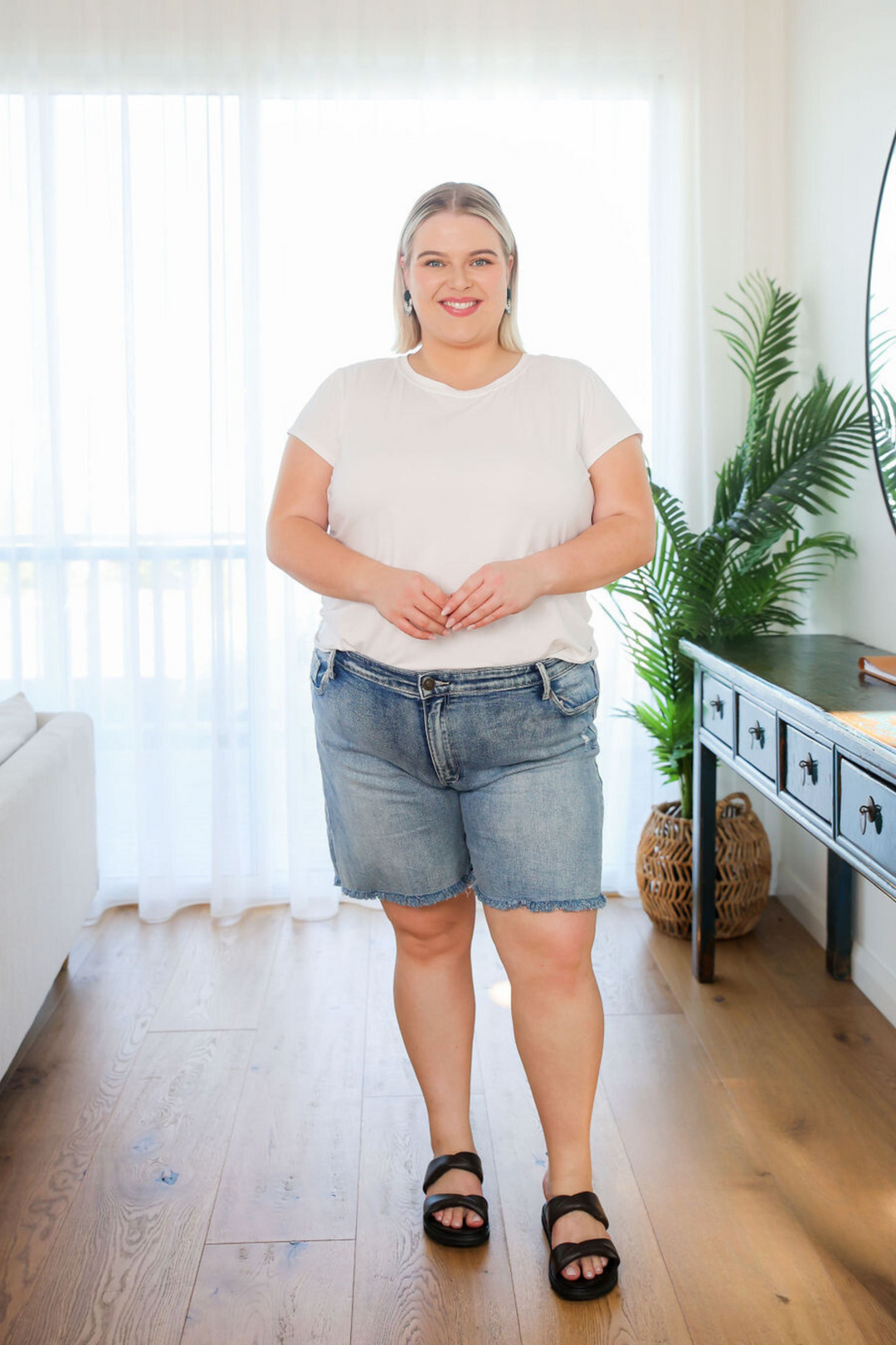 Ladies Denim Shorts - Frayed Hems - Functional Front + Back Pockets - Sizes 6 - 26 - Light Blue Denim - Danica Denim Shorts -Front Full Length View Size 24 -  Daisy's Closet