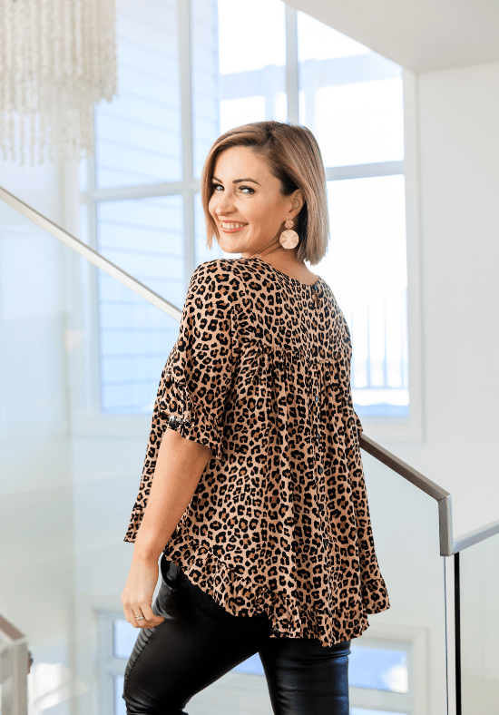 Ladies Leopard Button Back Top - Short Sleeve - Mila Leopard Top - Daisy's Closet