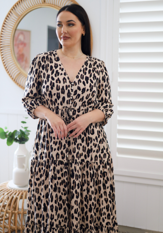 Ladies 3/4 Sleeve Maxi Dress - Leopard Print on a Cream Background - Sizes 8 - 18 - Breastfeeding + Bump Friendly - Daisy's Closet Luna Leopard Dress Close up Front View Size 14