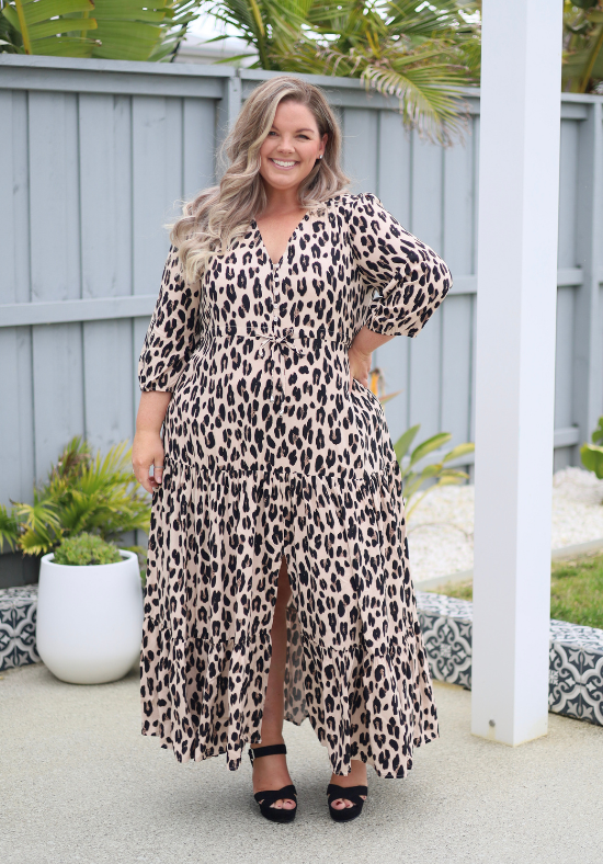Ladies 3/4 Sleeve Maxi Dress - Leopard Print on a Cream Background - Sizes 8 - 18 - Breastfeeding + Bump Friendly - Daisy's Closet Luna Leopard Dress Front View of Size 20
