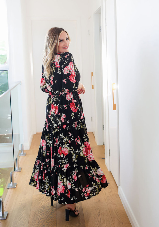 Ladies Black Maxi Dress - Floral Print - 3/4 Sleeve - Button Up Bust Friendly Detail - Adjusatble Tie Under Bust - Sizes 6 - 26 - Daisy's Closet Sarah Maxi Dress Back Full Length View Showing Flowy Dress Detail Size 10