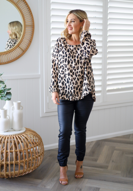Ladies Long Sleeve Leopard Button Back Top - Long Sleeves with elasticised cuff - curved hemline front and back - sizes S - XXL - Mila Leopard Top - Daisy's Closet Size S/M Front Full Length View