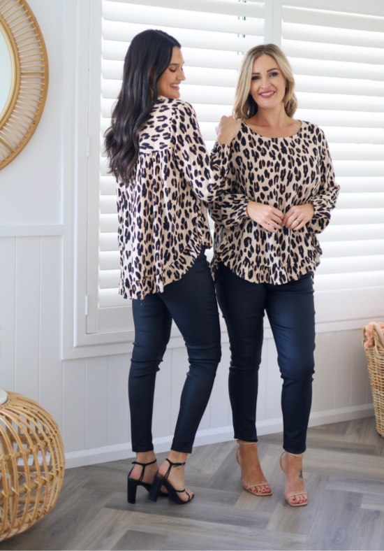 Ladies Long Sleeve Leopard Button Back Top - Long Sleeves with elasticised cuff - curved hemline front and back - sizes S - XXL - Mila Leopard Top - Daisy's Closet Size S/M Front + Back Full Length View