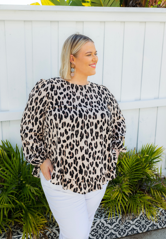Ladies Long Sleeve Leopard Button Back Top - Long Sleeves with elasticised cuff - curved hemline front and back - sizes S - XXL - Mila Leopard Top - Daisy's Closet Size XL/XXL front close up view