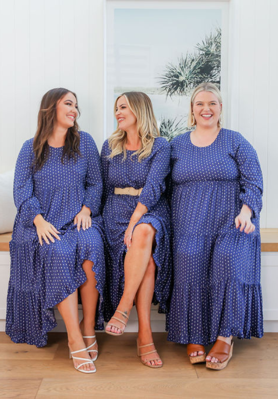 Ladies Long Dress - Long Sleeve - 3 Tiered Maxi Dress - Sizes 6 - 26 - Elastcised Cuff - Lozzie Dress - Daisy's Closet - Group Sitting View Showing Sizes 10 14 + 20
