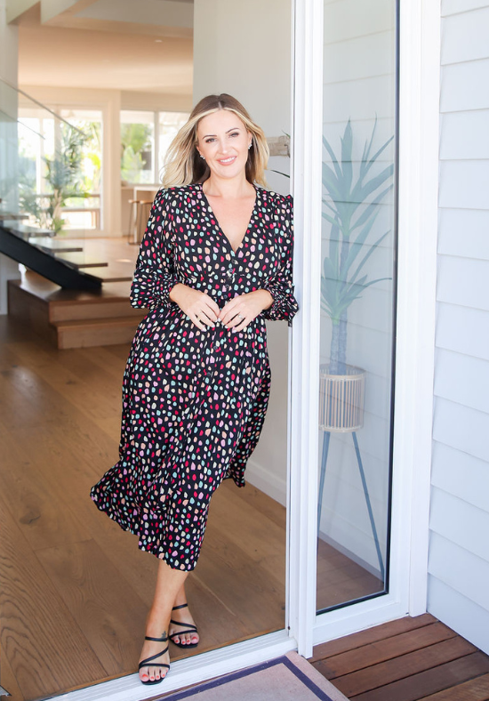 Ladies Long Sleeve Black Maxi Dress - Rainbow Spot Pattern - V Neckline - Front Button Up Front Detail - Elastcised Cuff - Amelia Dress - Daisy's Closet Front Full Length View Size 10 Showing Sleeve Detail