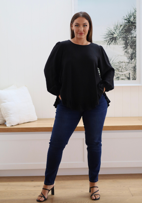 Ladies Long Sleeve Button Back Top - Long Sleeve with Elasticised Cuff - Curved hemline front and back - Sizes S - XXL Available - front full length view paired with Carter curve dark denim jeans - Daisy's Closet Mila Long Sleeve Top Black