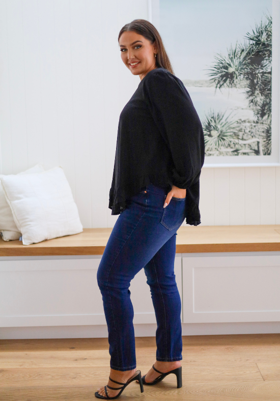 Ladies Long Sleeve Button Back Top - Long Sleeve with Elasticised Cuff - Curved hemline front and back - Sizes S - XXL Available - right side full length view paired with Carter curve dark denim jeans - Daisy's Closet Mila Long Sleeve Top Black