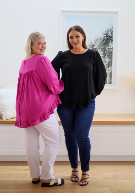 Ladies Long Sleeve Button Back Top - Magenta - Curved Neckline - Curved Hemline front and back - Size XL/XXL Right Side View Paired With Delta White Denim Jeans - Daisy's Closet Mila Magenta Top