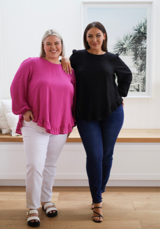Ladies Long Sleeve Button Back Top - Magenta - Curved Neckline - Curved Hemline front and back - Size L/XL Front Full Length View paired with Carter Curve Dark Denim Jeans - Daisy's Closet Mila Magenta Top