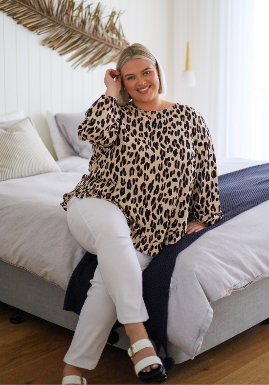 Ladies Long Sleeve Leopard Button Back Top - Long Sleeves with elasticised cuff - curved hemline front and back - sizes S - XXL - Mila Leopard Top - Daisy's Closet Size XL/XXL Sitting Length View