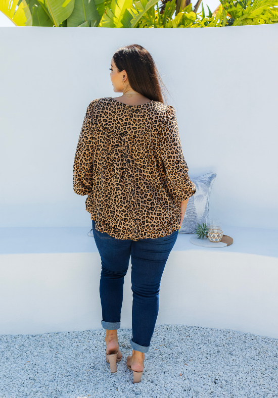 Ladies Long Sleeve Leopard Top - Button Back Top - Long Sleeve with elasticised cuff - curved hemline front and back - back full length view size L/XL - Daisy's Closet