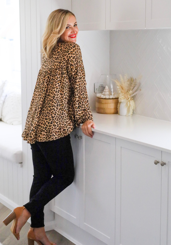 Ladies Long Sleeve Leopard Top - Button Back Top - Long Sleeve with elasticised cuff - curved hemline front and back - right side standing view - Daisy's Closet