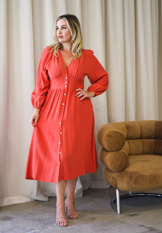 Ladies Long Sleeve Maxi Dress - Rust - Front Functional Button Up - V Neckline - Elasticised Back Panel for Flattering Fit - Daisy's Closet Alexis Dress