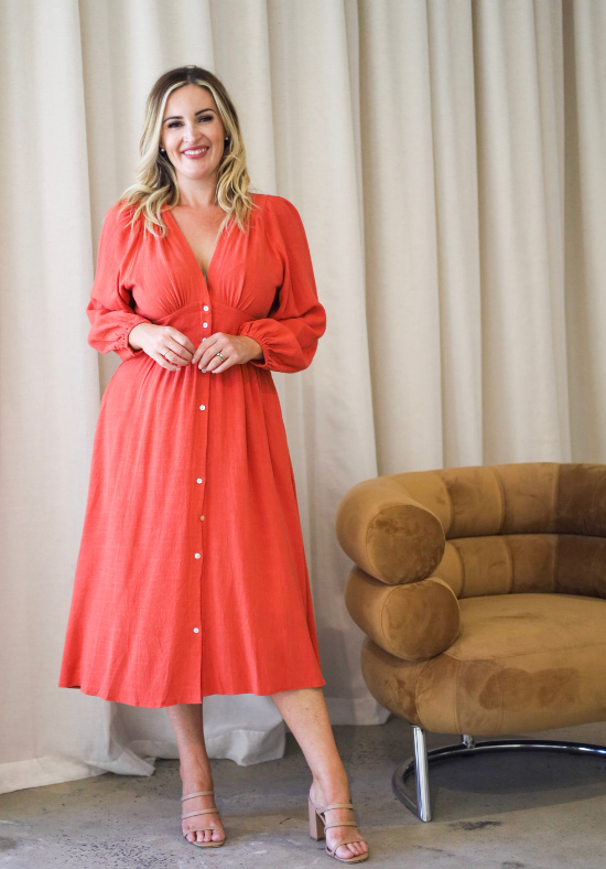 Ladies Long Sleeve Maxi Dress - Rust - Front Functional Button Up - V Neckline - Elasticised Back Panel for Flattering Fit - Daisy's Closet Alexis Dress Front View Size 10