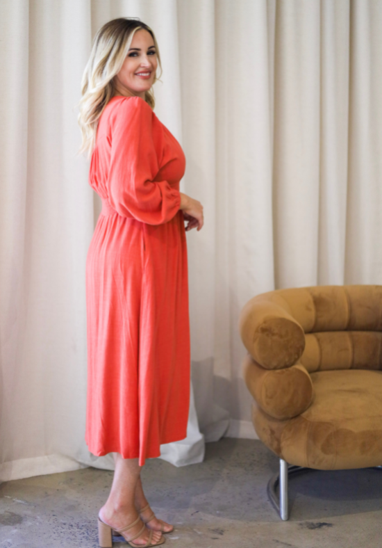 Ladies Long Sleeve Maxi Dress - Rust - Front Functional Button Up - V Neckline - Elasticised Back Panel for Flattering Fit - Daisy's Closet Alexis Dress Right Side View