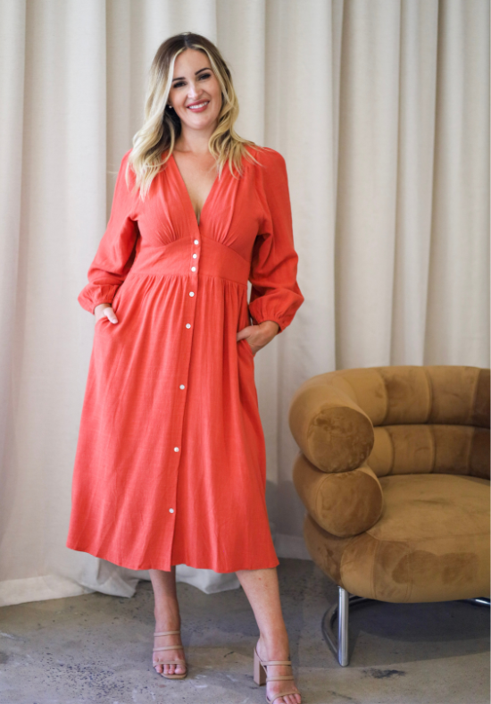 Ladies Long Sleeve Maxi Dress - Rust - Front Functional Button Up - V Neckline - Elasticised Back Panel for Flattering Fit - Daisy's Closet Alexis Dress Front View With Pockets