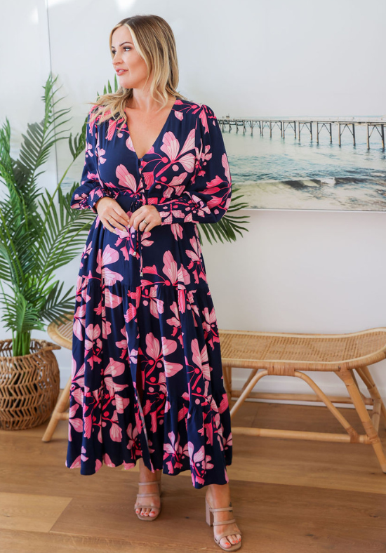 Ladies Long Sleeve Maxi Dress - Shirred Cuff Detail - Button Up Bust Friednly Detail - Adjustable Tie Under Bust - Size 6 - 26 Anika Maxi Dress Daisy's Closet - Size 10 Showing front full length view