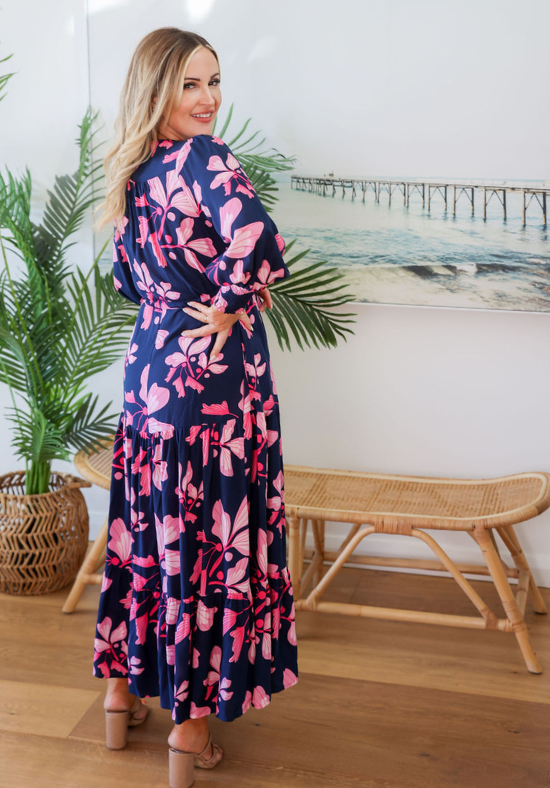Ladies Long Sleeve Maxi Dress - Shirred Cuff Detail - Button Up Bust Friednly Detail - Adjustable Tie Under Bust - Size 6 - 26 Anika Maxi Dress Daisy's Closet Size 10 Back View