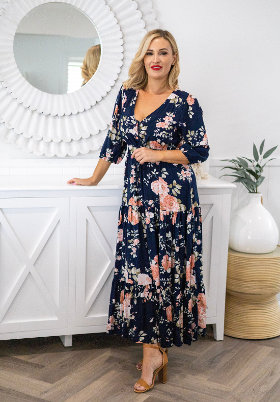 Ladies Maxi Dress - Navy with Peach and White Floral Patter - 3/4 Sleeves - Adustable Front Tie - Sizes 6 - 26 - Front Side View - Daisy's Closet