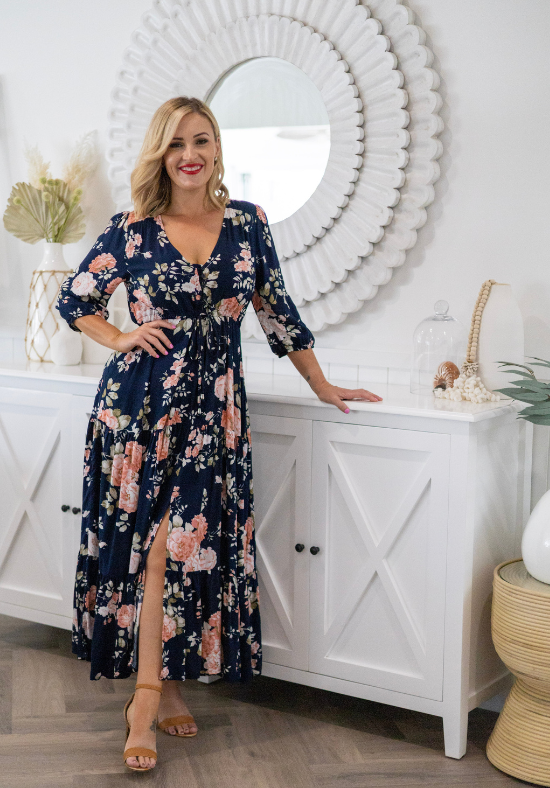 Ladies Maxi Dress - Navy with Peach and White Floral Patter - 3/4 Sleeves - Adustable Front Tie - Sizes 6 - 26 - Front Side View - Daisy's Closet
