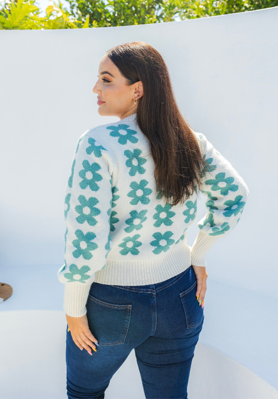 Ldies V Neck Jumper - Knit Jumper - White with Daisy Print Green - Long Sleeve - Sizes S/M - L/XL - Daisy Knit Back Close Up View Paired with Carter Curve Dark Jeans - Daisy's Closet