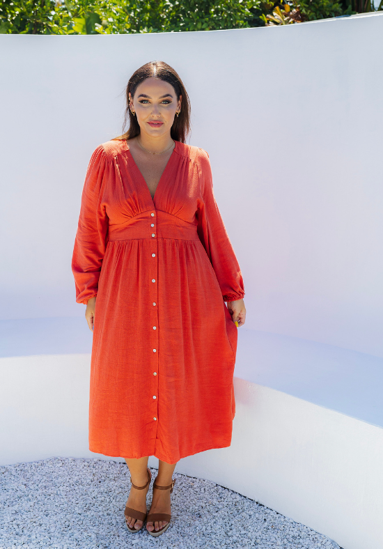 Ladies Long Sleeve Maxi Dress - Rust - Front Functional Button Up - V Neckline - Elasticised Back Panel for Flattering Fit - Daisy's Closet Alexis Dress Size 16 Outdoor View