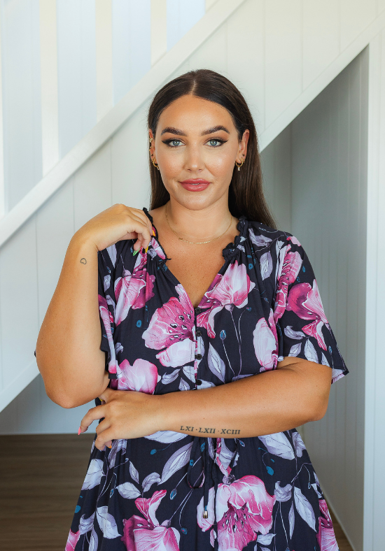 Ladies Maxi Dress - Adjustable waisttie - Elasticised Neckline - Pink and White Floral Pattern on a Navy Background - Demi Maxi Dress - Daisy's Closet Front Close Up View Size 14