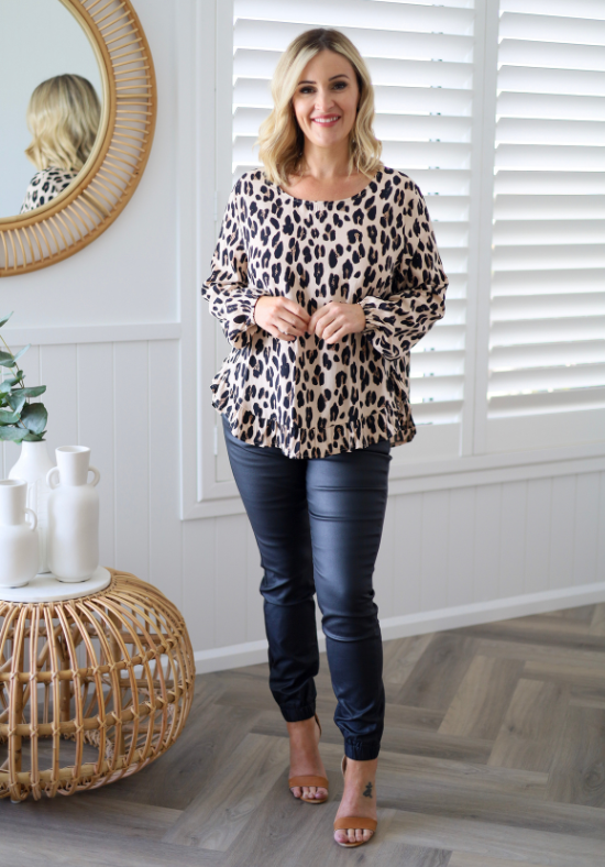 Daisy's Closet Mila long sleeve light leopard print top, casual shirt with fitted style and soft fabric.