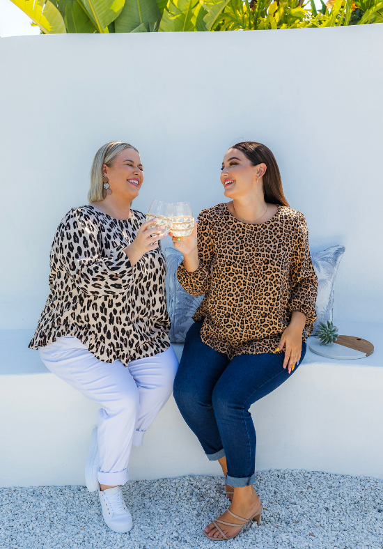 Ladies Long Sleeve Leopard Button Back Top - Long Sleeves with elasticised cuff - curved hemline front and back - sizes S - XXL - Mila Leopard Top - Daisy's Closet Size XL/XXL sitting view 