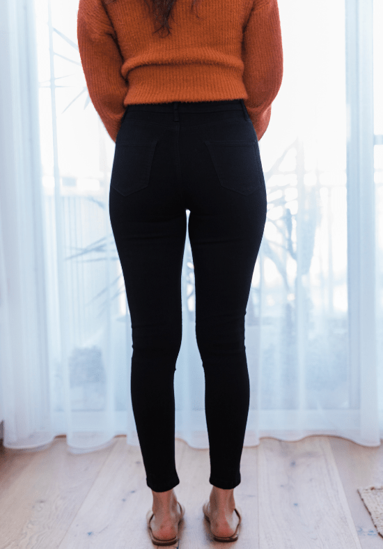 Ladies Black Full Length Jeans - Ripped Knee Detail - Sizes 6 - 18 - Functional Front Zip and Button - Close Up Front Back Length View - Black Ivy Jeans - Daisy's Closet