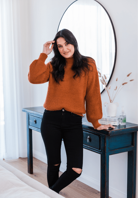 Ladies Black Full Length Jeans - Ripped Knee Detail - Sizes 6 - 18 - Functional Front Zip and Button - Front Full Length View Size 6 Paired with Knit Jumper - Black Ivy Jeans - Daisy's Closet