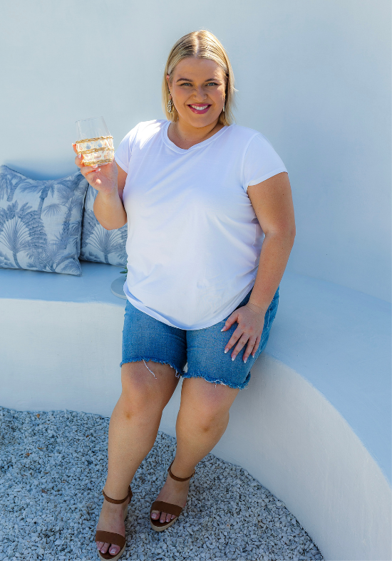 Ladies Denim Shorts - Light Blue Denim - Bike Short Length - Frayed Edges - Functional Front + Back Pockets - Sizes 6 - 24 - Daisy's Closet Danica Denim Shorts Size 24 Front Sitting View